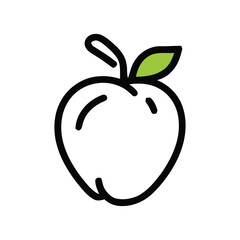 A stylized apple with a black outline and a small green leaf attached to the stem is displayed here