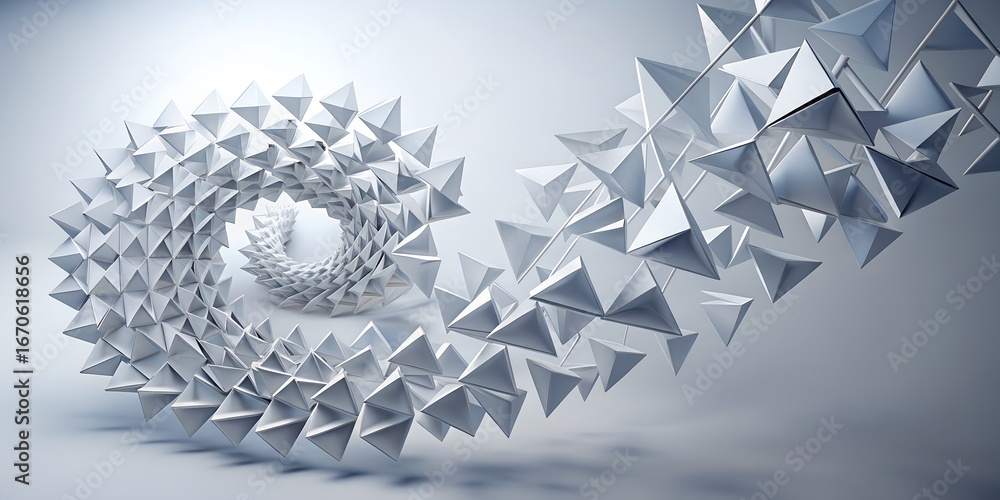 Poster abstract geometric spiral of white origami pyramids on a white surface, creating a modern and decora
