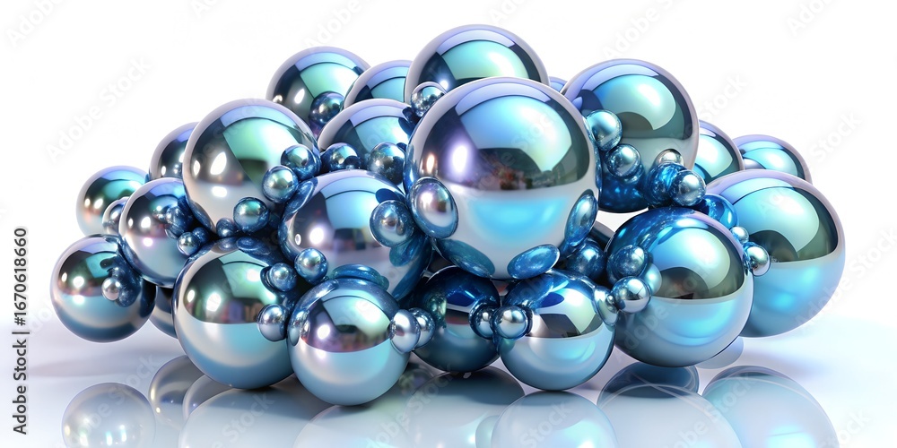 Poster a cluster of shiny metallic spheres, isolated on white background, reflecting light and creating a m