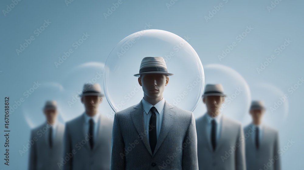Poster a group of individuals wearing suits and hats, symbolizing unity and individuality.