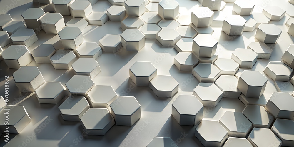 Poster a geometric background featuring a pattern of white hexagonal tiles, creating a modern and minimal a