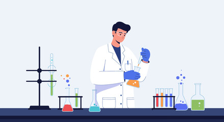 A male scientist in a lab coat and gloves conducts a chemical experiment in a modern laboratory.