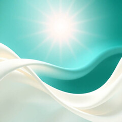 Bright sun flare over a luxurious teal and white wavy abstract background.