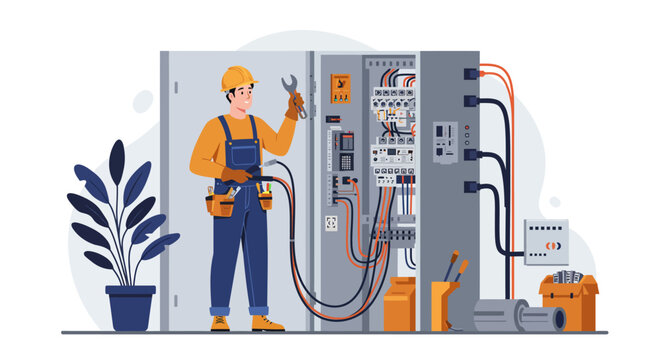 An electrician in a hard hat and overalls performs maintenance on a complex electrical panel, holding a wrench and surrounded by wires and tools. - Powered by Adobe
