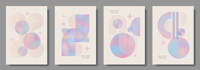 Abstract modern gradient poster vector set with Bauhaus pattern. Minimalist geometric colorful cover templates for interior design, social media, cover, banner, flyer, ads. Vector illustrations.