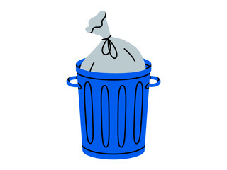 Hand drawn cute illustration of big garbage can with open lid and bag inside. Flat vector trash bin and plastic package, environmental pollution doodle. Ecology sticker, icon. Waste sorting. Isolated.