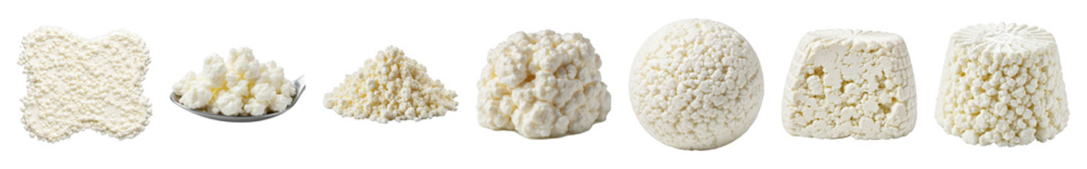 Fresh cheese set including loose, scooped, granular, molded, and block forms isolated. Healthy food and dairy product collection.