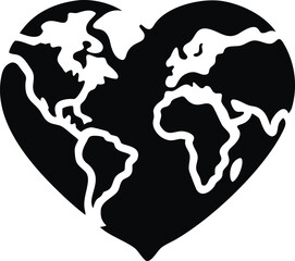 Heart shaped earth globe with textured continents and global love concept isolated on white background isolated on transparent background