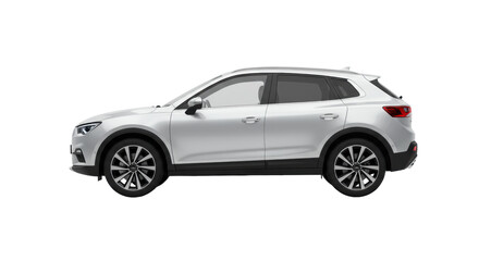 A pristine, sleek, modern silver compact SUV, brand new and highly polished, expertly isolated on a transparent studio background with ample negative space, concept for automotive advertising