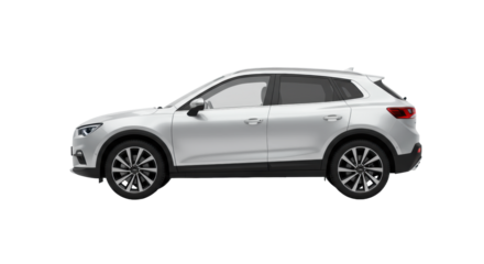 A pristine, sleek, modern silver compact SUV, brand new and highly polished, expertly isolated on a transparent studio background with ample negative space, concept for automotive advertising