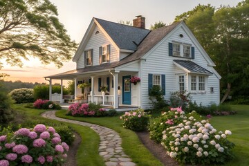 Charming white farmhouse with blue shutters and a welcoming porch, surrounded by lush green lawn and vibrant pink blooming hydrangeas, bathed in the warm glow of sunset
