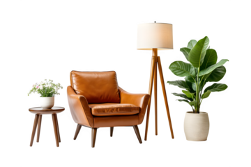 Cozy mid century modern living room scene with leather armchair floor lamp and plants transparent background