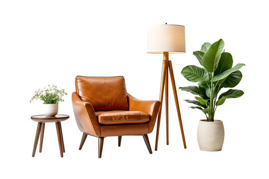Cozy mid century modern living room scene with leather armchair floor lamp and plants transparent background
