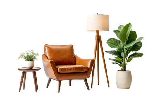 Cozy mid century modern living room scene with leather armchair floor lamp and plants transparent background