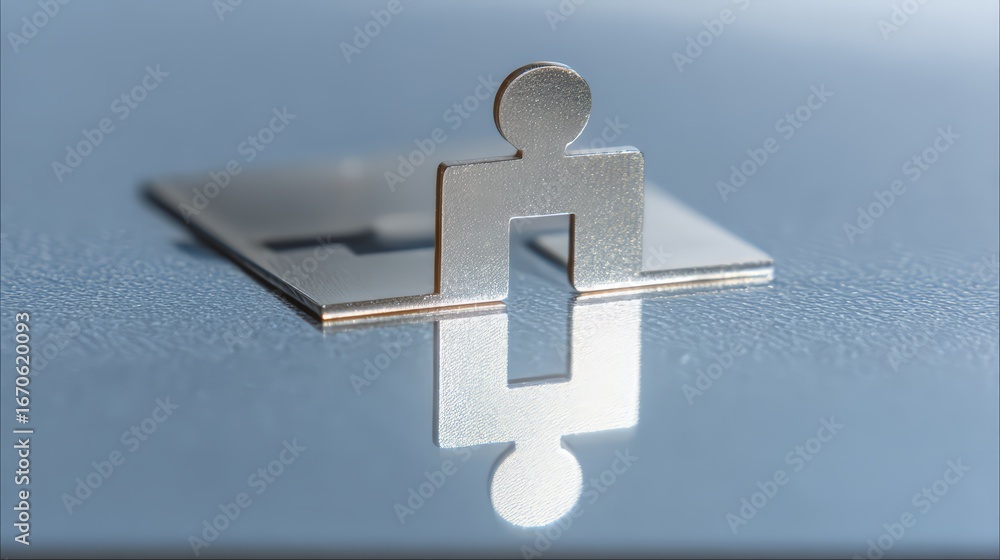 Poster A metallic figure reflecting on a smooth surface, symbolizing unity and collaboration.
