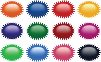 Glossy Sale Buttons and Discount Labels Vector Set – Round Circle Price Tag Icons, Shop Badge Stickers, Blank Web Symbols, Star Design Stickers, Shopping Icon Collection for Promotion, Marketing.