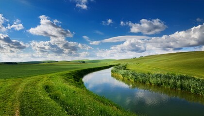 a scenic rural landscape with a narrow water canal winding through green fields under a partly cloudy sky
