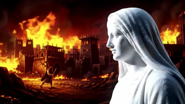Lot's Wife Transformed into Salt Pillar After Looking Back at Destroyed Sinful Cities Sodom and Gomorrah, Divine Judgment God Destruction