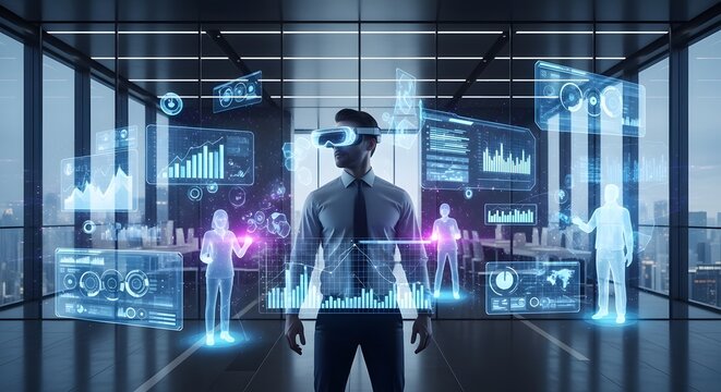 Man wearing vr headset interacting with holographic data displays in a modern office