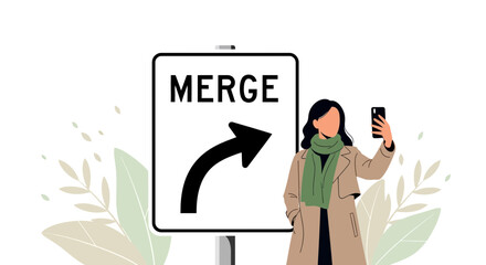 Woman Capturing Merge Sign On Mobile Phone During An Afternoon Walk