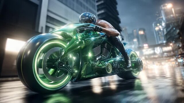 A man in a helmet rides a futuristic motorcycle through a night city. The footage conveys the atmosphere of cyberpunk, technology and speed.
