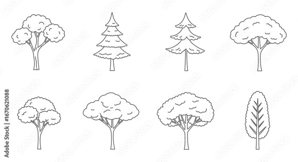 Poster A collection of various tree illustrations in a simple line drawing style