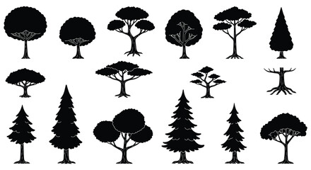 Collection of various tree silhouettes in different shapes and sizes