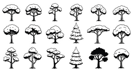 Collection of various snow covered tree silhouettes in different shapes and sizes