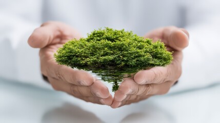 A pair of hands gently cradles a small, vibrant tree symbolizing care for nature.