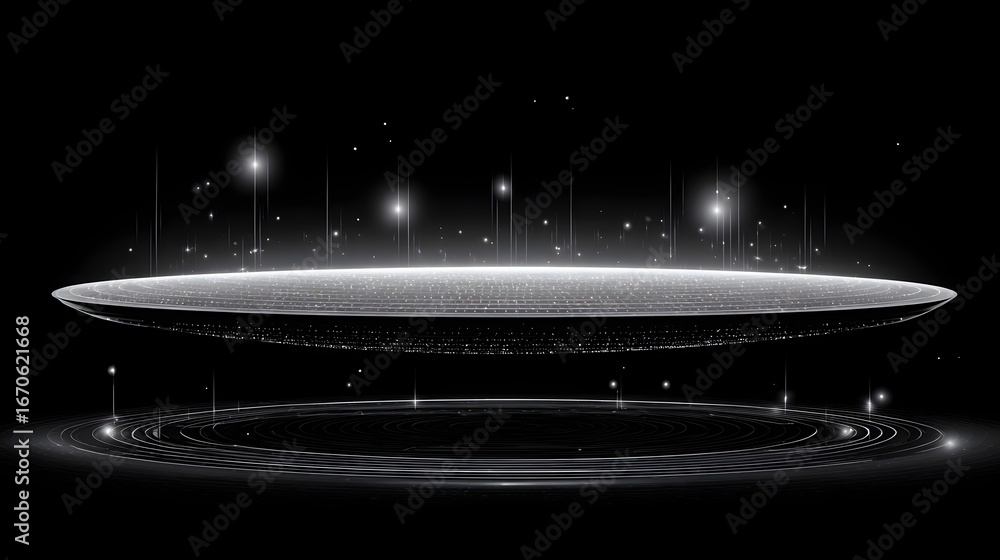 Poster a grayscale, digital illustration of a hovering, circular platform with intricate, glowing patterns,