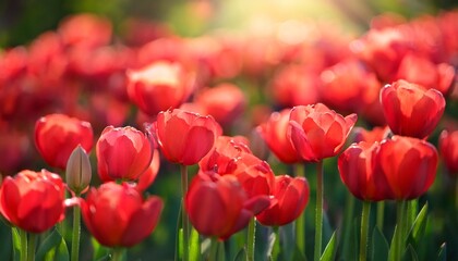 Fototapeta premium a stunning photo of a bed of red tulips with each petal in perfect focus and the background softly blurred for a dreamy effect