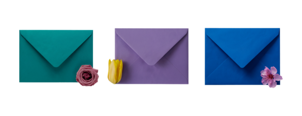 Teal, Purple, and Blue Envelopes with Rose, Tulip, and Cherry Blossom on Transparent Background