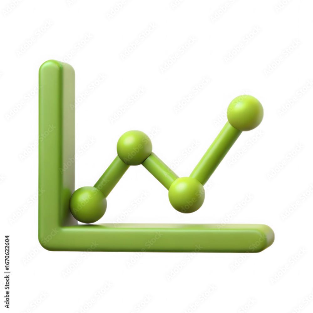 Poster green 3d line graph with connected nodes showing upward trend and growth isolated on transparent bac