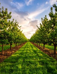 Obraz premium Orchard pathway at sunset