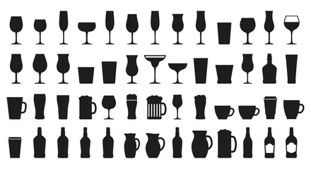 Collection of various wine and drink glasses and bottles icons