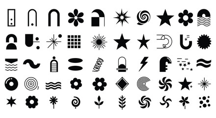 Collection of various black and white icons and symbols on a plain background