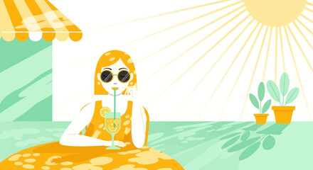 Naklejka premium Woman Enjoying Refreshment In The Sun Summer Relaxation Vacation Concept