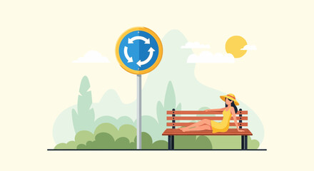Naklejka premium Woman Enjoying Serene Solitude on Bench by Roundabout in Summer Day