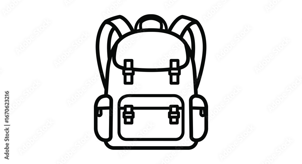 Aufkleber a simple line drawing of a backpack with multiple pockets and straps
