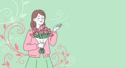 Obraz premium Woman Enjoying The Fragrance Of Tulips In A Springtime Garden With Copyspace