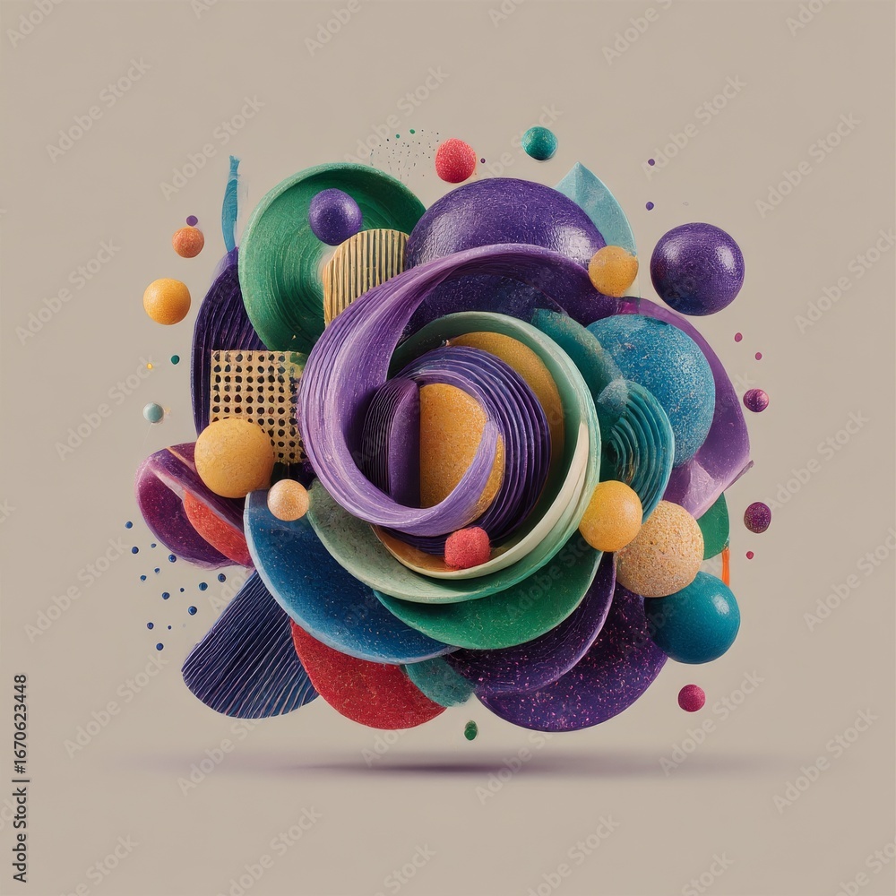 Aufkleber abstract composition of colorful geometric shapes and spheres on a neutral background, creating a se