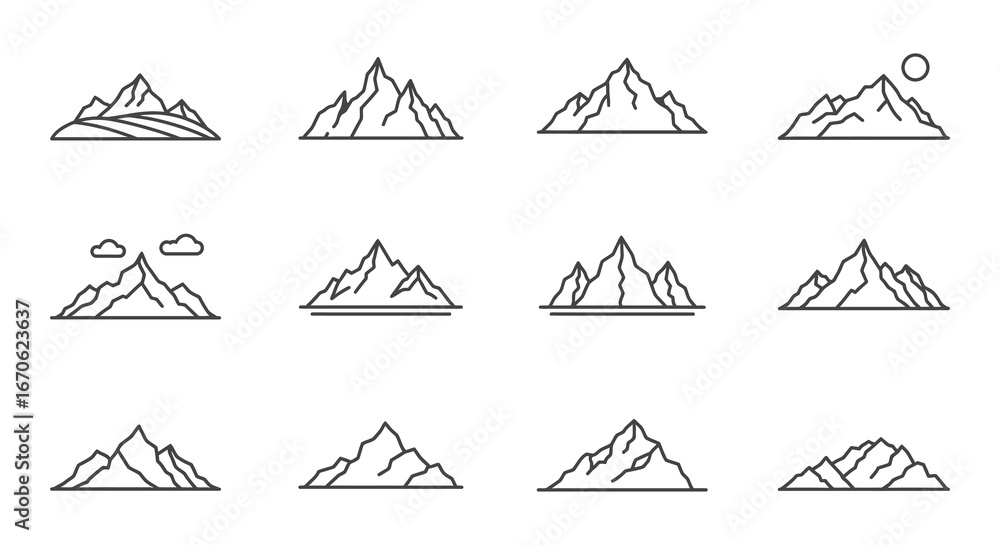 Poster various mountain ranges in simple line art style on white background