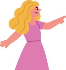 A cheerful girl with wavy blonde hair pointing enthusiastically.