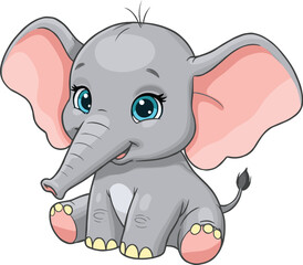 Cute baby elephant cartoon sitting, adorable animal illustration with big blue eyes, pink ears, children’s character, vector isolated drawing