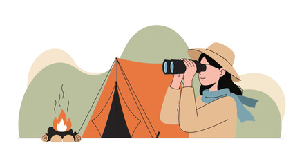Fototapeta premium Woman Exploring Nature With Binoculars While Camping Under Starry Sky