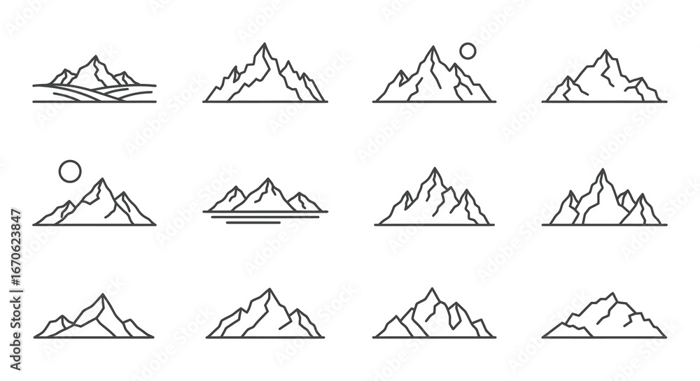 Poster various mountain range icons in simple line art style on white background