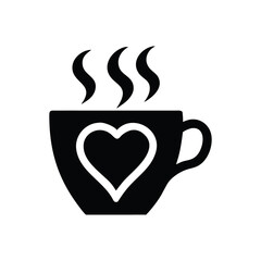 Black silhouette of a steaming coffee cup with a heart emblem isolated on white background isolated on transparent background