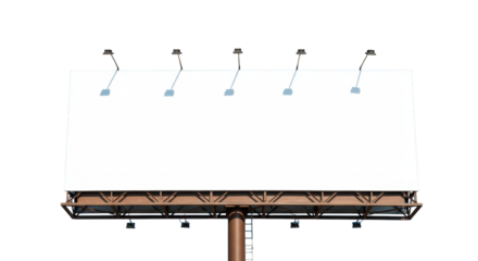 A pristine, empty white outdoor billboard with a sturdy brown support and small ladder, low angle under a vibrant blue sky, concept of new opportunities