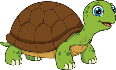 Cute cartoon turtle character with brown shell, smiling green turtle illustration, kids animal design, vector isolated on white background