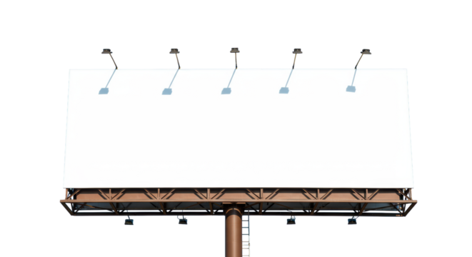 A pristine, empty white outdoor billboard with a sturdy brown support and small ladder, low angle under a vibrant blue sky, concept of new opportunities